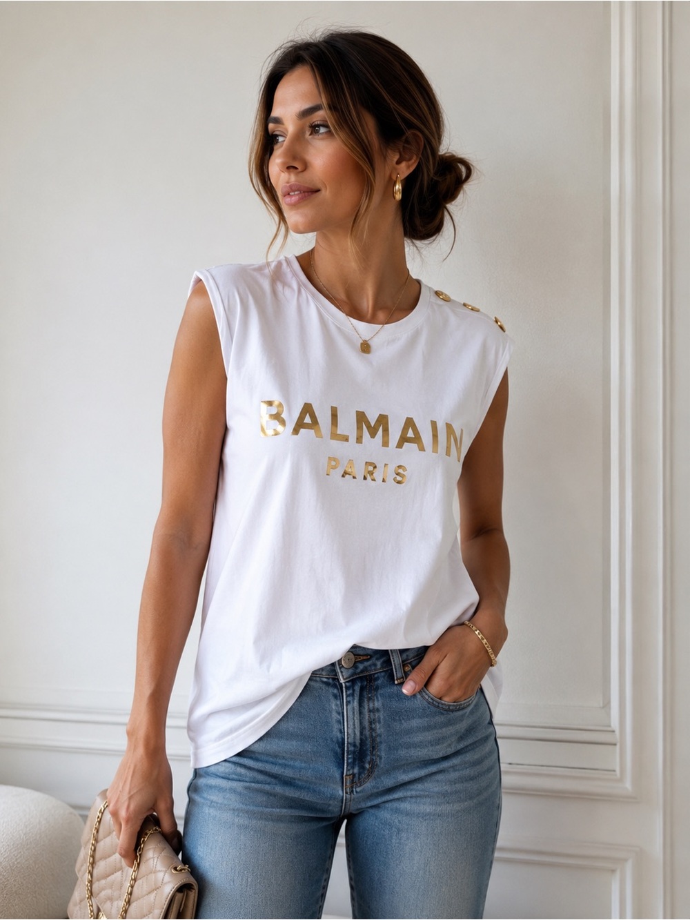 ✨🛍️ Balmain White Sleeveless Logo Tank